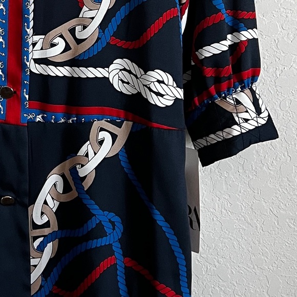 ZARA Nautical Chain Knot Print Dress Navy Double Breasted Mini XS NWT - Picture 5 of 11